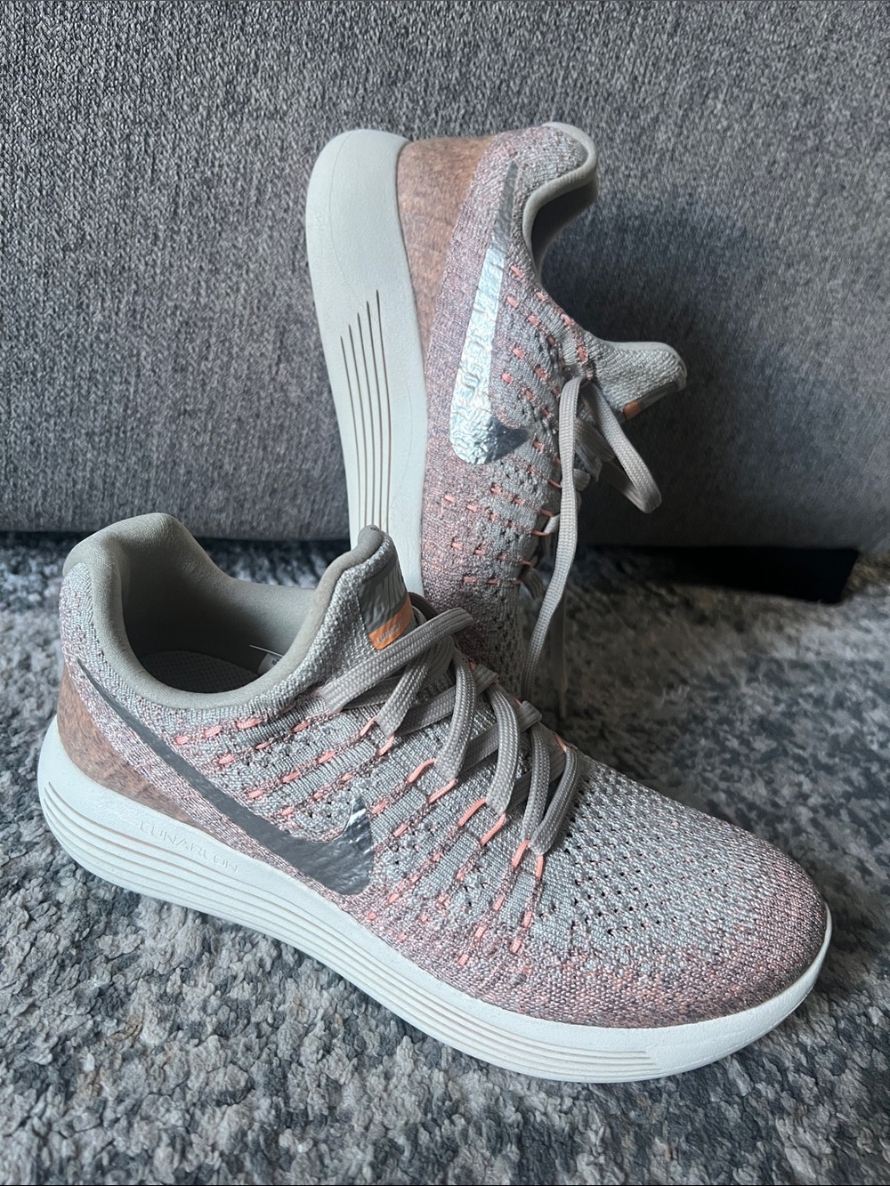 Nike Women's Gray and Pink Knit Running Sneakers